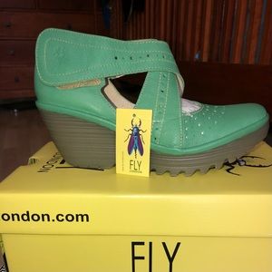 Fly London YEPE Wedge Mary Jane Criss Cross Strap Pumps NIB